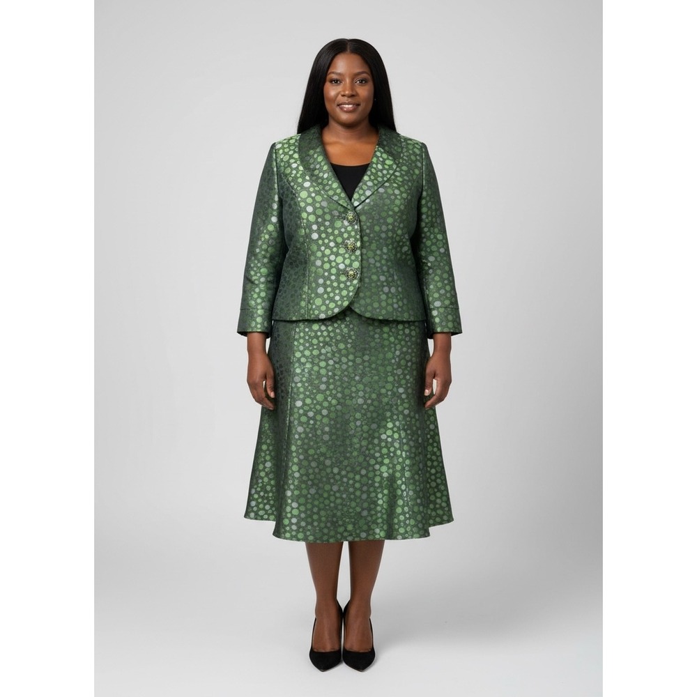 Lily & Taylor Green Polka Dot Jacquard Skirt Suit Set Size 16 Metallic Formal